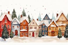 a watercolor painting of houses and trees in the snow