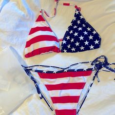 Brand New Red, White And Blue Bikini Never Worn Sz Xl Patriotic Blue Swimwear For Summer, Patriotic Blue Swimwear For Vacation, American Flag Print Swimwear For Beach Season, Patriotic Blue Swimwear For Beach Season, American Flag Print Swimwear For Pool And Beach Season, Beachwear Swimwear For Vacation On 4th Of July, Patriotic Blue Swimwear For Poolside, Blue Summer Swimwear For 4th Of July, 4th Of July Beachwear For Beach Party