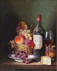 a painting of wine, cheese and fruit on a table with a bottle of wine