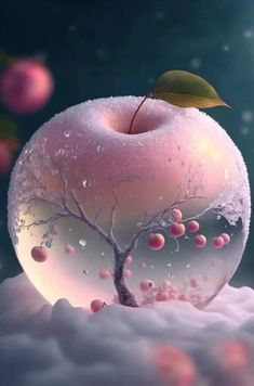 an apple with water droplets on it and a tree in the center, surrounded by bubbles