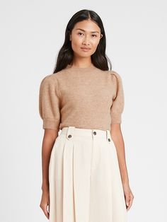 Puff-Sleeve Sweater Top | Banana Republic Grad School Outfit, High Rise Style, Puff Sleeve Sweater, Top Banana, Fashion Wishlist, Knitted Tshirt, Puff Sleeve Top, Elbow Length Sleeve, Fall Fashion