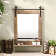 a mirror sitting on top of a wooden shelf next to a plant and two books