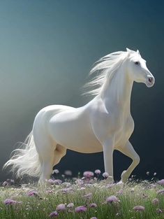 a white horse standing on top of a lush green field next to purple and pink flowers