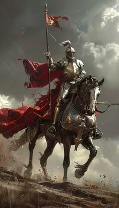 a man in armor riding on the back of a horse next to a red flag