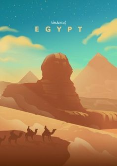 two people riding camels across a desert under a sky with stars and the word egypt on it