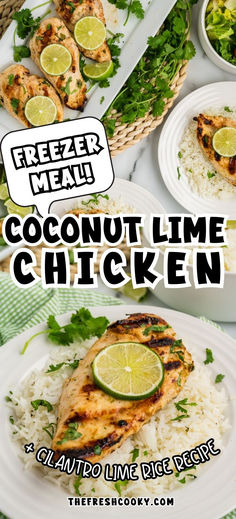 A grilled chicken breast on a bed of cilantro lime rice. Cilantro Marinade, Pregnancy Freezer Meals, Lime Grilled Chicken, Lime Marinade For Chicken, Cilantro Lime Rice Recipe, Board Recipes, Coconut Lime Chicken, Grilled Chicken Marinade, Freezer Dinners