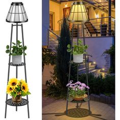 three tiered plant stands with sunflowers and potted plants next to each other