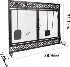 an iron fireplace screen with the measurements for it