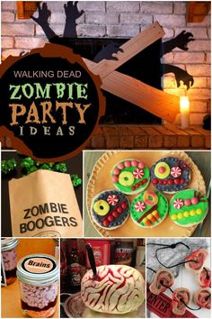 a collage of zombie party food and decorations