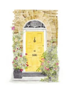 a watercolor painting of a yellow door with potted plants in front of it