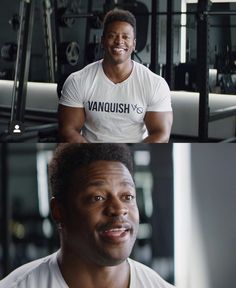 a man in a white t - shirt is smiling and looking at the camera while standing next to a gym machine