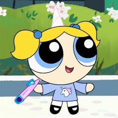 the powerpuff character is holding a toothbrush in her hand and wearing a party hat