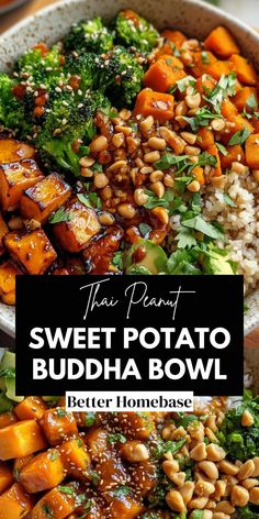 sweet potato buddha bowl with broccoli and white rice in a bowl on the side