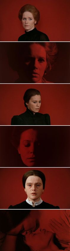 four different images of people with their faces in red and black, one woman's head