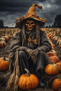 a scarecrow sitting on top of a pumpkin patch in the middle of a field