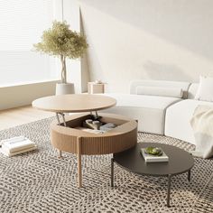 a living room filled with furniture and a coffee table on top of a carpeted floor