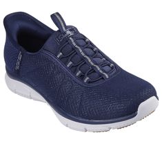 Pick up the pace with increased ease-of-wear and superior comfort wearing Skechers Hands Free Slip-ins Brilliance - Night Shift. Designed with our exclusive Heel Pillow , this vegan style features a sparkle mesh upper with fixed stretch laces and a cushioned Skechers Air-Cooled Memory Foam comfort insole. | Skechers Women's Slip-ins: Brilliance - Night Shift Slip-On Shoes | Medium Width | Skechers Hands Free Slip-ins for an easy fit | Exclusive Heel Pillow holds your foot securely in place | Ske Slip-on Blue Walking Shoes With Removable Insole, Breathable Slip-on Sneakers With Cushioned Footbed For Running, Blue Comfortable Slip-on Sneakers With Cushioned Footbed, Blue Slip-on Walking Shoes With Removable Insole, Blue Slip-on Running Sneakers With Cushioned Footbed, Vegan Style, Night Shift, Skechers Women, Wide Shoes