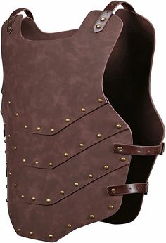 a brown leather vest with rivets on the back and side, attached to a white background