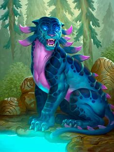 a blue and pink dragon sitting on top of a rock next to a river in the forest