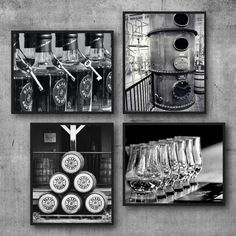 four black and white photographs with different types of wine glasses on them, hanging on a wall