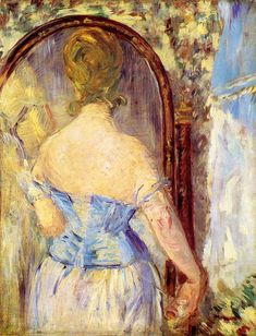 a painting of a woman in a blue dress looking at herself in the mirror with her hair pulled back