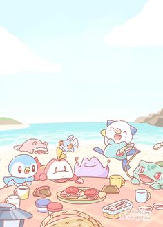 an image of some cartoon characters on the beach with food and drinks in front of them