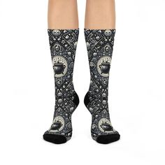 Mystical, spooky, and oh-so-chic, our 'Mystical Cauldron and Skulls Gothic Pattern Socks' are the perfect Halloween gift for those who embrace the enchanting side of life! These unisex socks feature an intricately detailed design of bubbling cauldrons and eerie skulls, making them an ideal accessory for any Gothic fashion enthusiast. Crafted for comfort and style, they add a whimsical touch to any outfit, while keeping your feet snug and stylish. Whether you're casting spells or simply stepping out in seasonal flair, these socks are a must-have for your Halloween wardrobe. Give the gift of enchantment and let your loved ones walk on the mystical side! Long Gothic Socks, Bat Socks, Witchy Socks, Gothic Skull Print T-shirt For Fall, Spooky Fashion, Socks Halloween, Gothic Mode, Casting Spells, Gothic Pattern