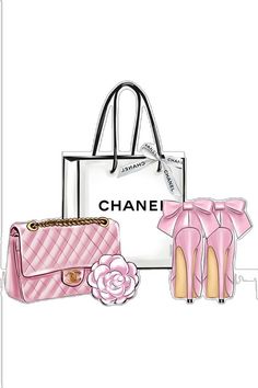 a chanel bag, pink heels and handbag are shown in this fashion illustration