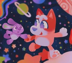 an image of a cat and dog playing in the space with stars, planets and other objects