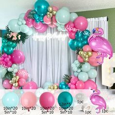 a flamingo themed party with balloons, streamers and other decorations on the table