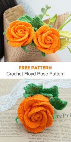 crochet flower rose pattern is shown in three different views