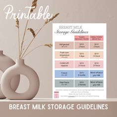 the breast milk storage guide is displayed in front of a white vase with flowers inside