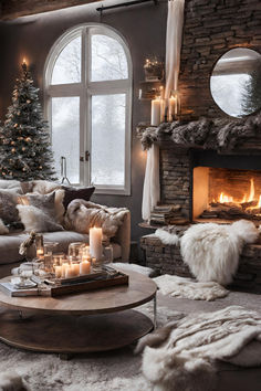 a living room filled with furniture and a fire place in front of a window next to a christmas tree