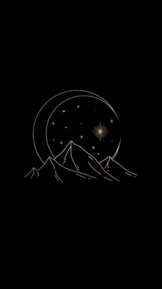 a black background with a gold line drawing of mountains and stars in the night sky