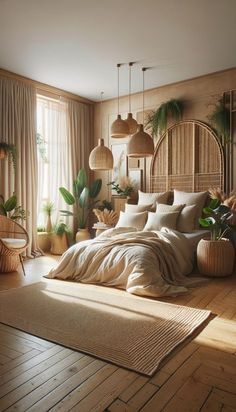 a large bed sitting in a bedroom next to a wooden floor covered in lots of plants