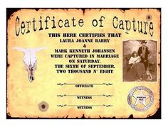 an old certificate is displayed with two men and a cow's skull on it