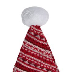 Christmas Santa hat. Features a striped nordic design. There is a faux fur cuff and ball ontop Nordic Cabin, Hat With Pom Pom, Red Costume, Cabin Lodge, Ski Lodge, Food Storage Containers Organization, Holiday Outfit, Faux Fur Pom Pom, Pom Pom Hat