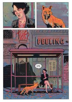 a comic strip with an image of a woman talking to a fox in front of a store