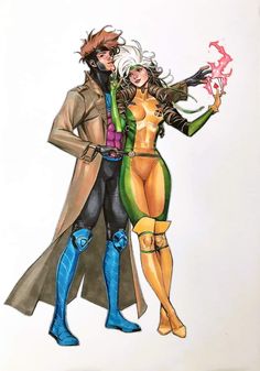 a drawing of two people dressed as superheros