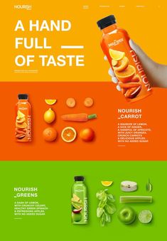 an orange and green juice advertisement with the words,'a hand full of taste '