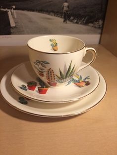 a tea cup and saucer with cactus designs on the side, sitting on a table