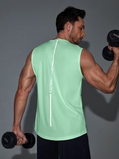 Mint Green  Collar Sleeveless Fabric Letter  Embellished Slight Stretch  Men Activewear Tshirt Sport Design Ideas, Active Wear Men, Mens Activewear Fashion, Sports Design Ideas, Men Activewear, Workout Routine For Men, Sports Tank Top, Men's Activewear, School Tops