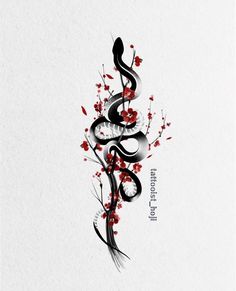 a black and white photo with red flowers on it's side, in the shape of a snake