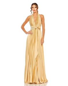 Ieena for Mac Duggal Charmeuse Fabric (100% polyester) Fully lined V-neck Sleeveless Pleated detailing Back zipper Approx. 62.5" from top of shoulder to bottom hem Available in Plum and Gold Style #11636 Blue And Gold Wedding Palette, Dusty Blue And Gold Wedding, Gold Wedding Palette, Halter Neck Gown, Blue And Gold Wedding, Neutral Dresses, Bride Groom Dresses, Spring Wedding Guest Dress, Quince Dress