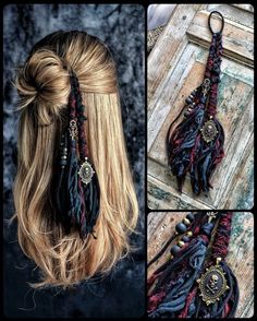 Boho Hair Wrap Tutorial, Viking Dreadlocks, Boho Hair Piece, Yarn Dreads, Witchy Hair, Boho Hair Wrap, Bohemian Hair Accessories, Witch Hair, Dreadlock Accessories