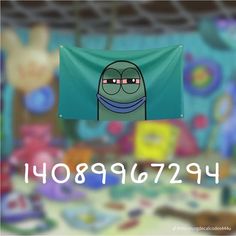 a cartoon character hanging from the side of a green flag with numbers in front of it