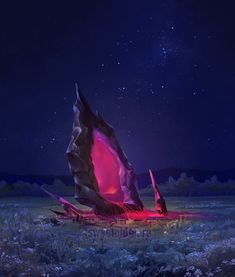 a large rock sitting in the middle of a field under a sky filled with stars