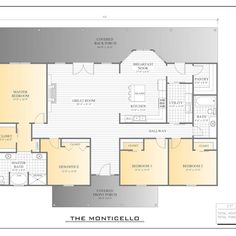 the monticello floor plan with three bedroom and two bathrooms, one living room