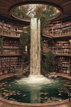 a waterfall in the middle of a library filled with books