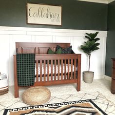 a baby's room with a crib, rugs and potted plant